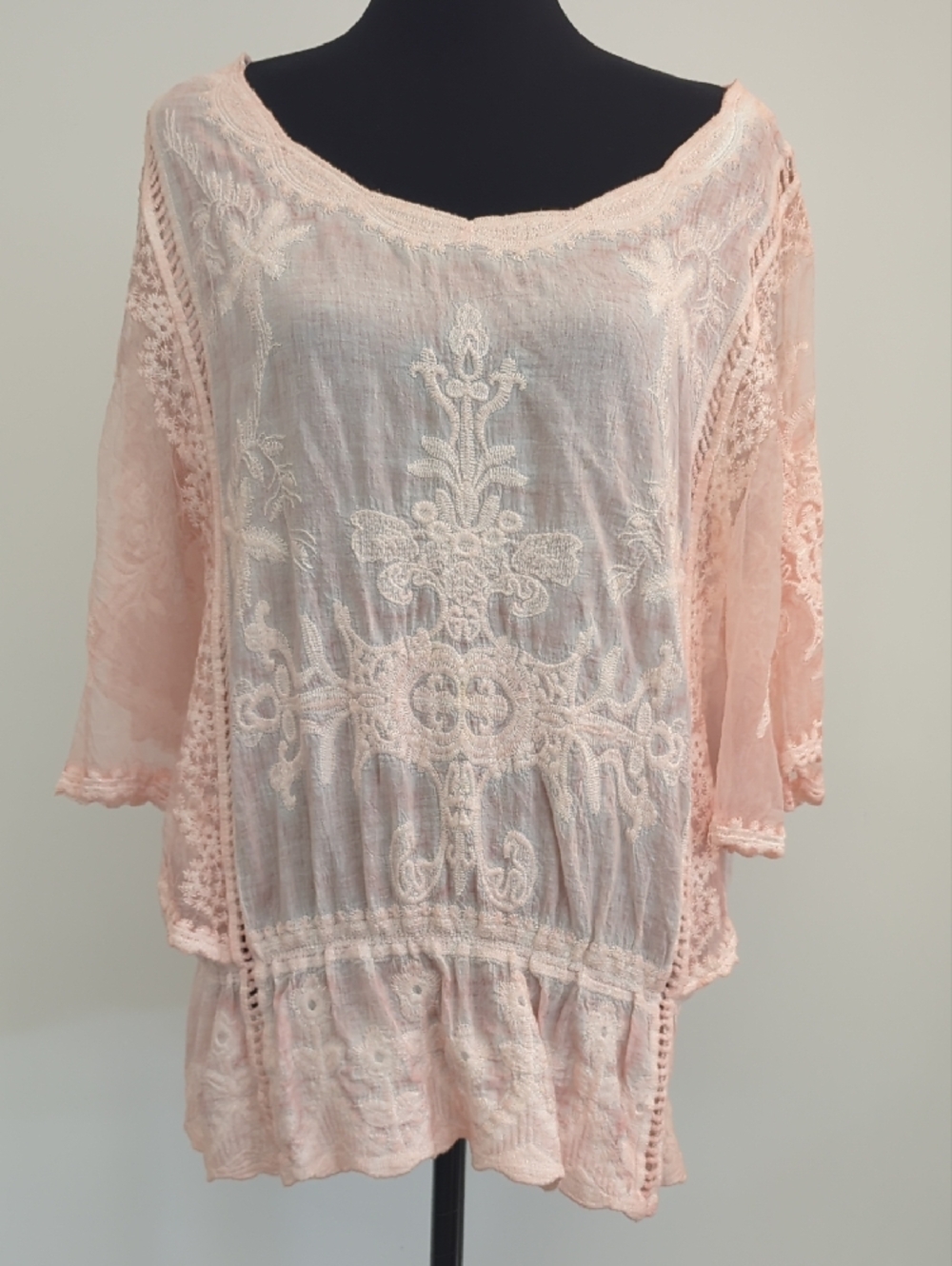 Democracy Peach Floral Embroidered Sheer Lace Boho Peasant Blouse XL